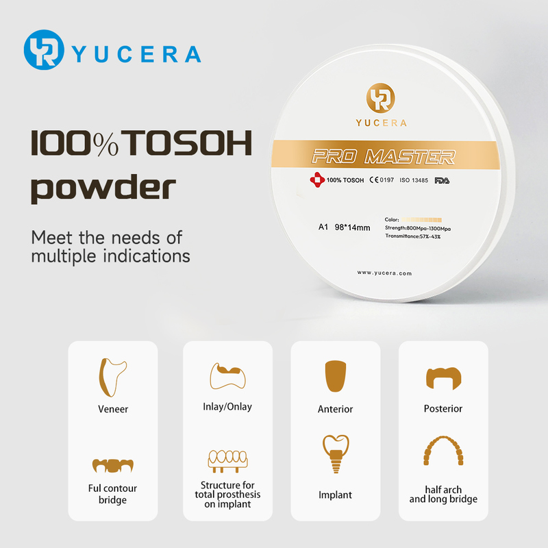 Yucera China Made CAD CAM Zirconia Block 98mm Dental Prosthesis Material