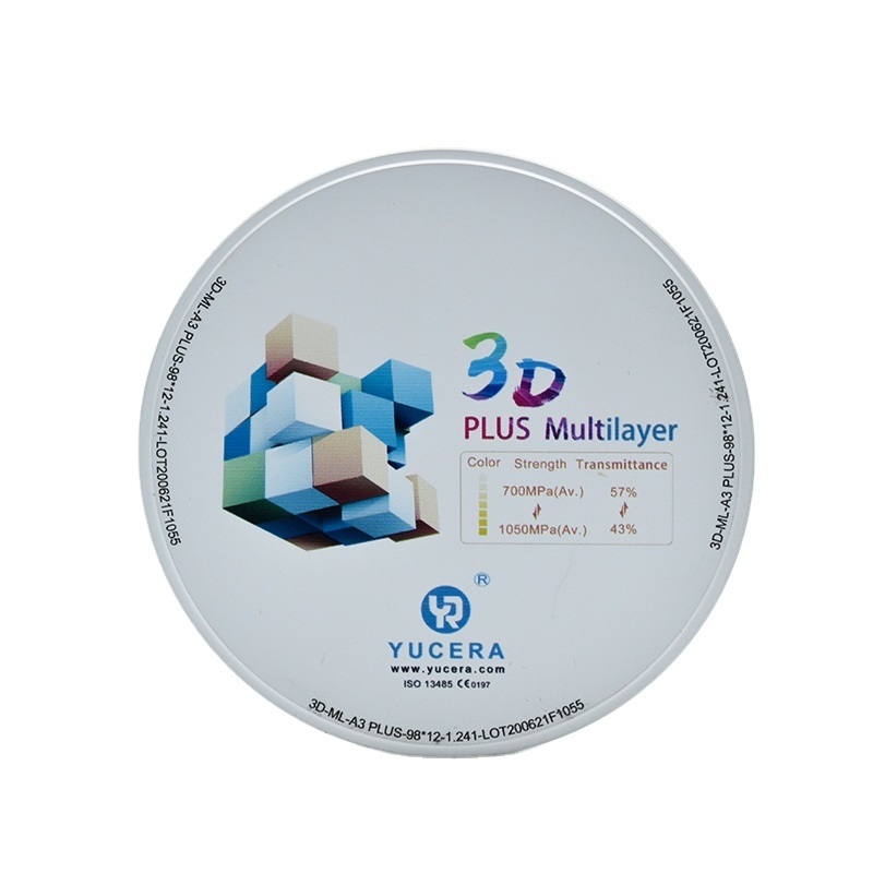 Bloco de zircônia dental multicamadas YUCERA 3D Plus  NOVO Impressão 14mm Sistema Aberto CAD CAM para coroas de zircônia