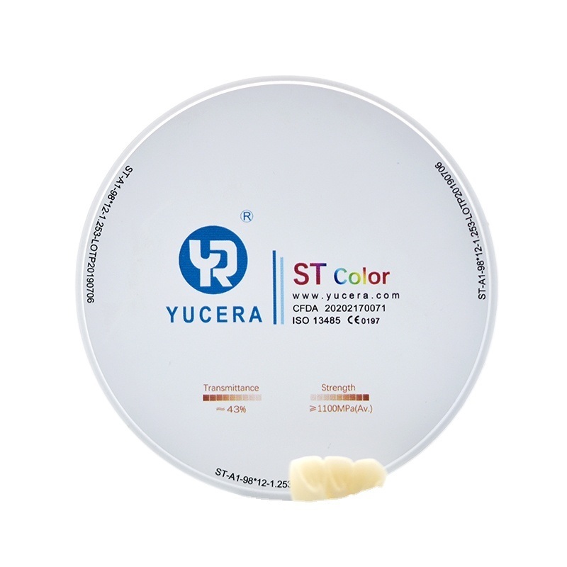 Disco de Zircônia Dental 98mm - YUCERA ST-Color Alta Translucidez (43%) e Alta Resistência (1100MPa)